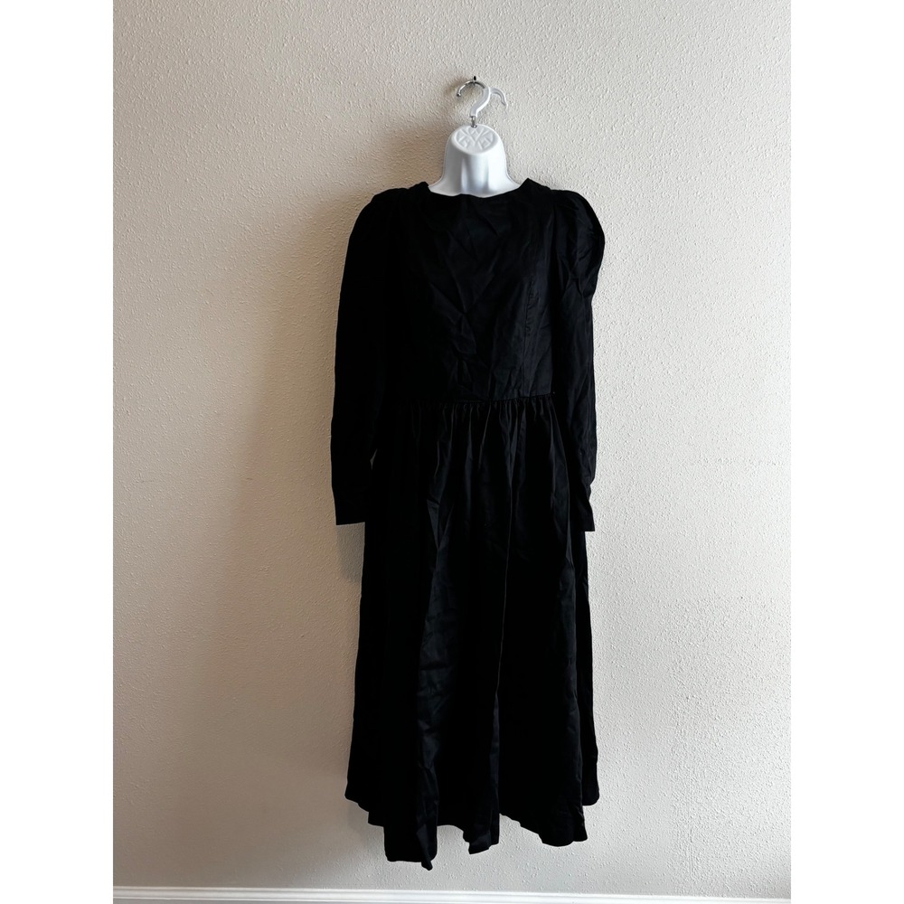 Vintage 1980s Laura Ashley Dress M Black‎ Cotton Open Back Tie Midi Puff Sleeve